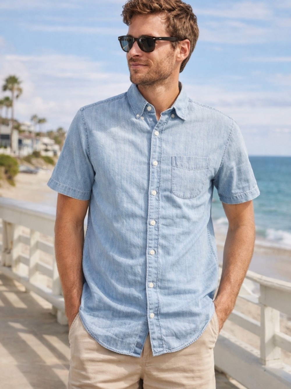 J.Crew Chambray Button Down Shirt Men’s small Short Sleeve Cotton Light Wash